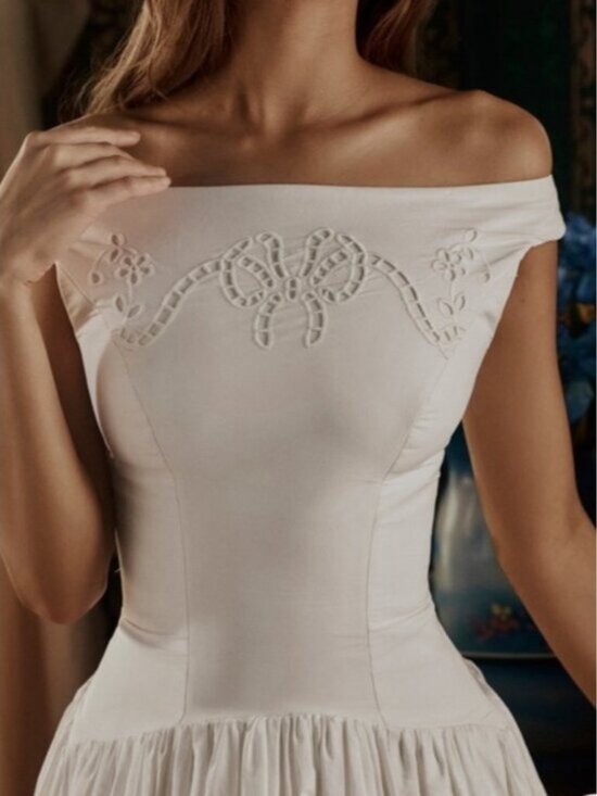 House of CB • Lauren Off-Shoulder White Midi Dress with Eyelet Hem - Picture 9 of 9